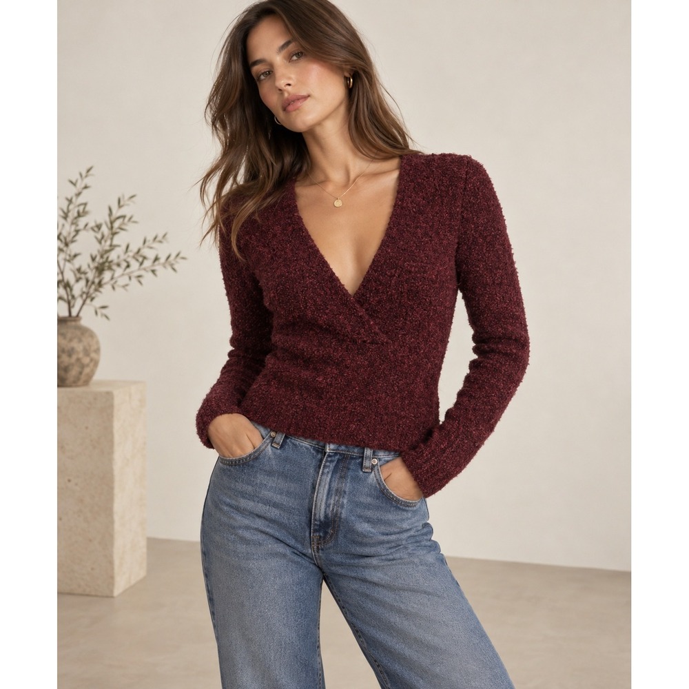 Moda International Faux Wrap Sweater Women XS Burgundy Y2K Wool Blend Preppy